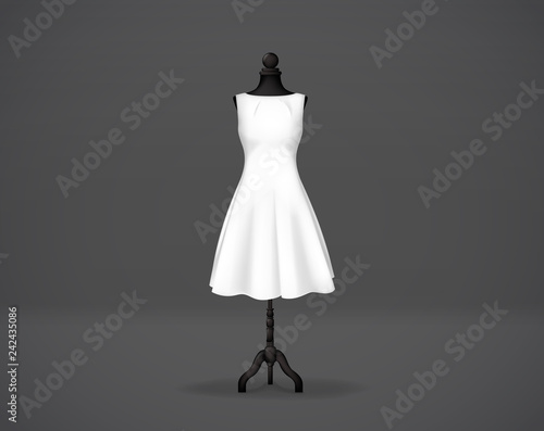 Women's white basic dress mockup on mannequin. Festive dress without sleeves and long pleated skirt.