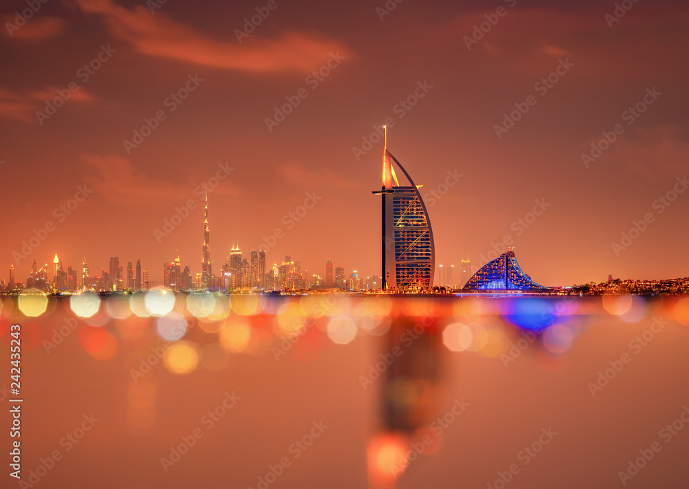 Beautiful skyline of Dubai city at night in United Arab Emirates