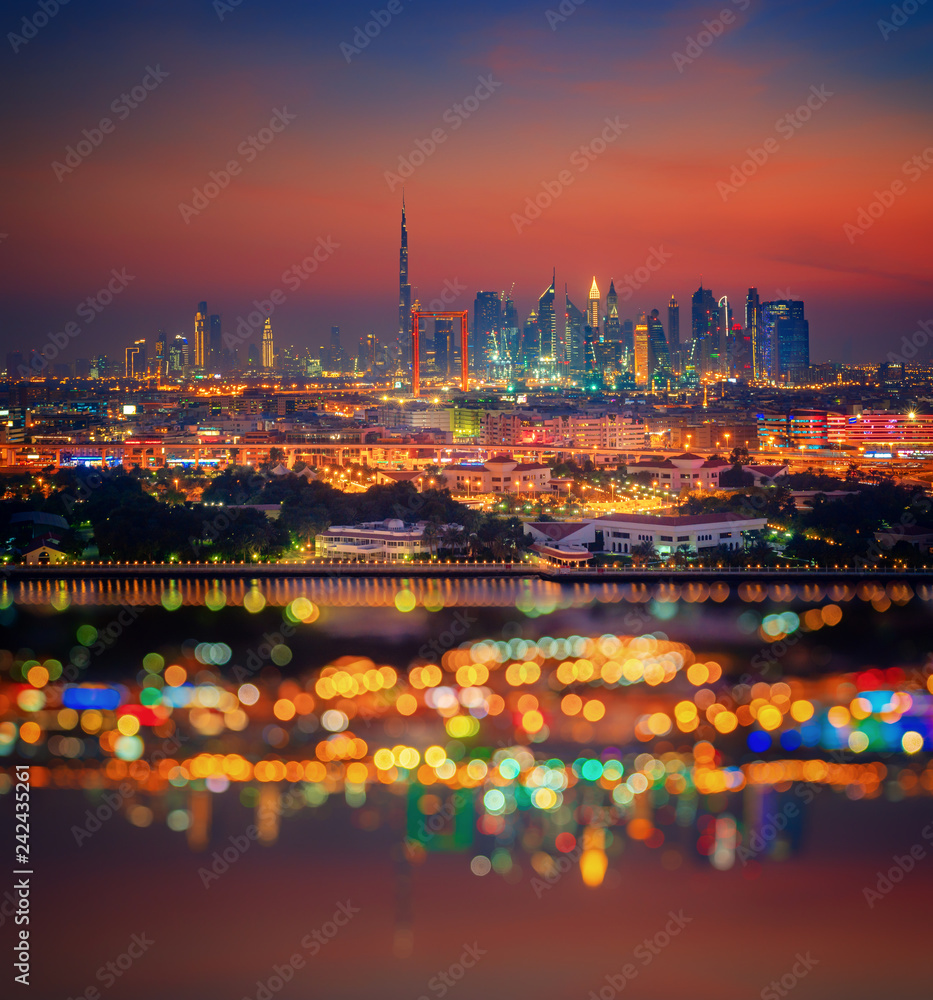 Beautiful skyline of Dubai city at night in United Arab Emirates