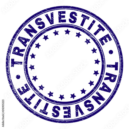TRANSVESTITE stamp seal imprint with distress texture. Designed with circles and stars. Blue vector rubber print of TRANSVESTITE label with unclean texture.