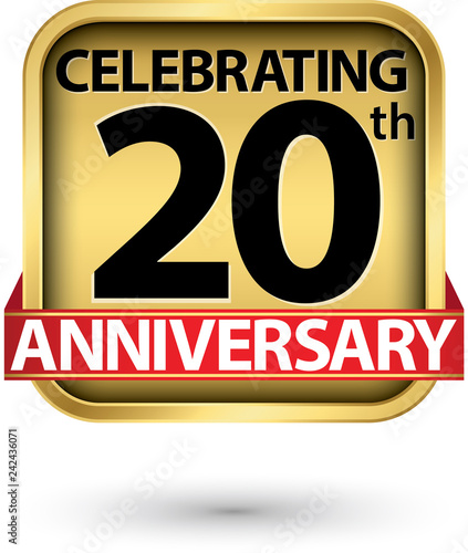 Celebrating 20th years anniversary gold label, vector illustration