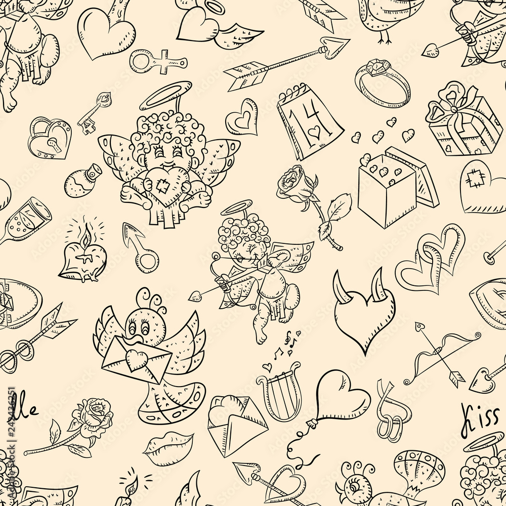 contour seamless pattern illustration_2_in the style of childrens scribbles on the theme of Valentines day, for design and background can be replaced