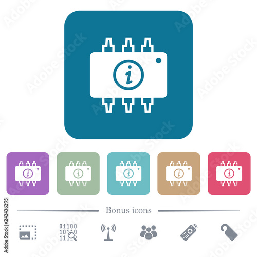 Hardware info flat icons on color rounded square backgrounds