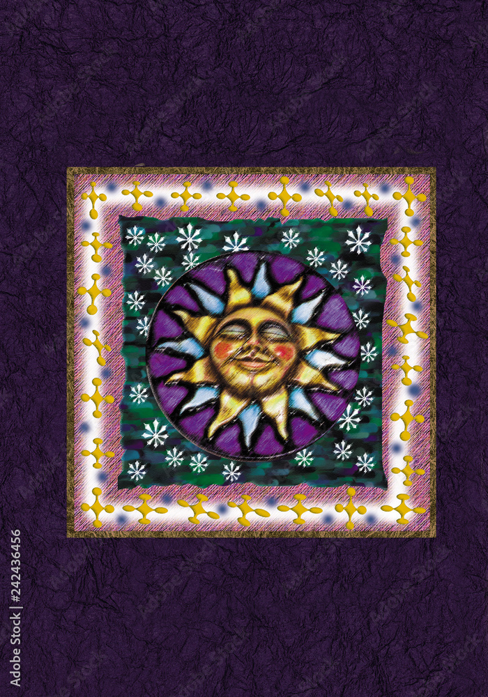 Sonne mit Blumen auf lila Hintergrund