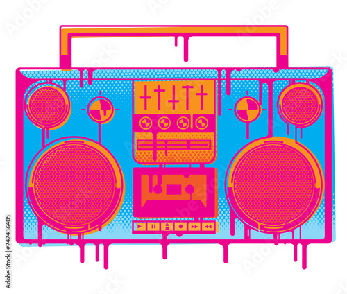 An old school stereo boom box in a stylised graffiti style with dripping paint.
