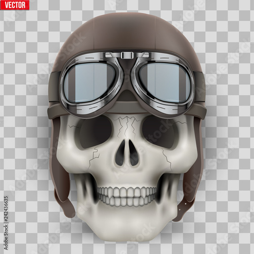 Human skull with retro aviator or biker helmet.