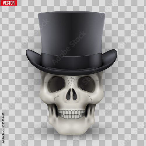 Human skull with black cylinder hat