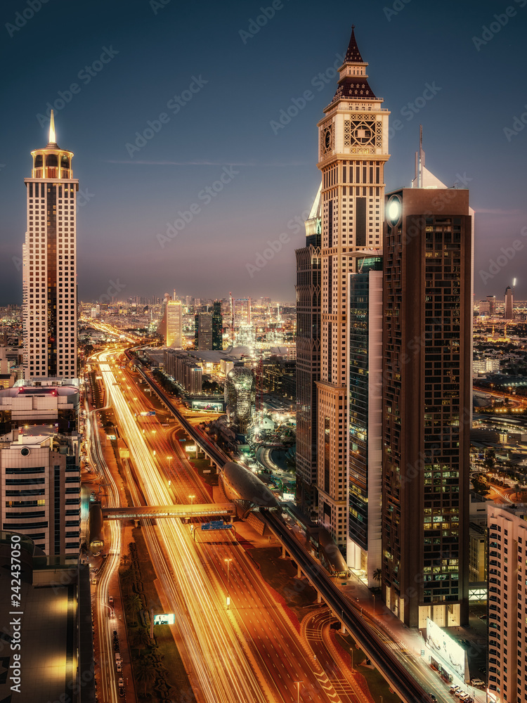 Beautiful rooftop view of Sheikh Zayed Road and skyscrapers in Dubai, United Arab Emirates