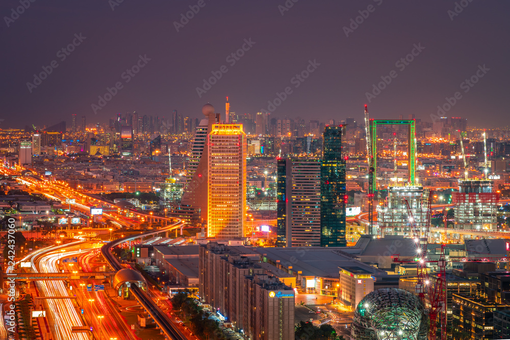 Beautiful rooftop view of Sheikh Zayed Road and skyscrapers in Dubai, United Arab Emirates