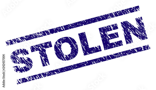 STOLEN seal print with distress style. Blue vector rubber print of STOLEN title with grunge texture. Text title is placed between parallel lines.