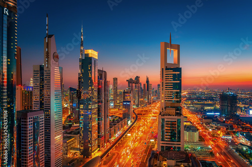 Beautiful rooftop view of Sheikh Zayed Road and skyscrapers in Dubai, United Arab Emirates