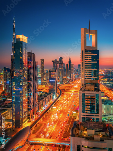 Beautiful rooftop view of Sheikh Zayed Road and skyscrapers in Dubai, United Arab Emirates © Evgeni