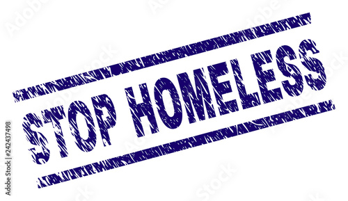 STOP HOMELESS seal print with grunge style. Blue vector rubber print of STOP HOMELESS tag with unclean texture. Text label is placed between parallel lines.