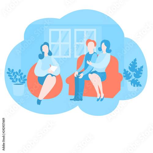 Family characters talking to psychologist, couple psychotherapy counseling. Psychological therapist office . Mental health, healthcare and psychology.