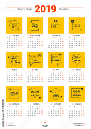 Calendar Poster Template for 2019 Year. Week starts on Monday. Stationery Design. Vector Calendar with Motivational Quotes