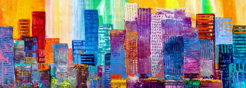 Abstract painting of urban skyscrapers.