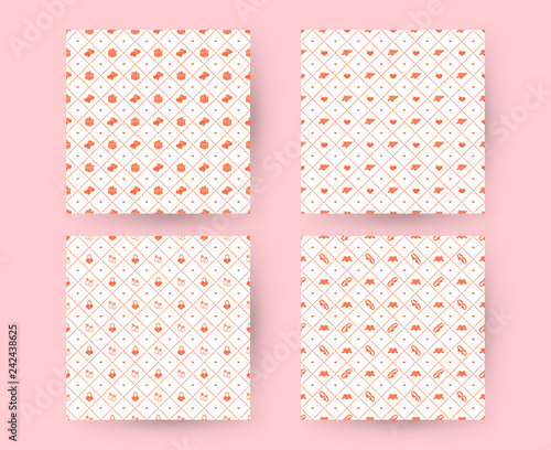 Set of Valentines Day seamless patterns. Vector texture with red romantic signs