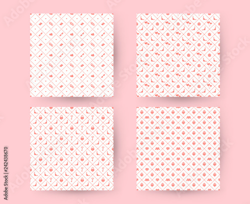 Set of Valentines Day seamless patterns. Vector texture with red romantic signs