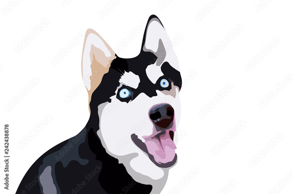 drawn illustration of a blue-eyed husky dog on a white background showing the language for logos, t-shirts