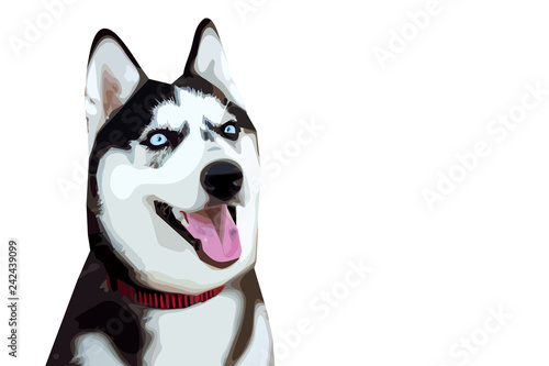 drawn illustration of a blue-eyed husky dog on a white background showing the language for logos, t-shirts