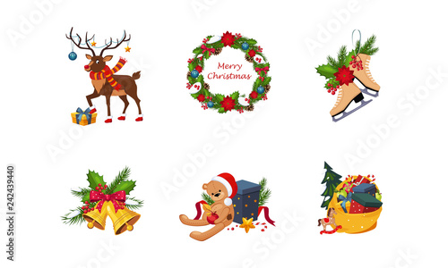 Merry Christmas, cute bright holiday decoration elements vector Illustration