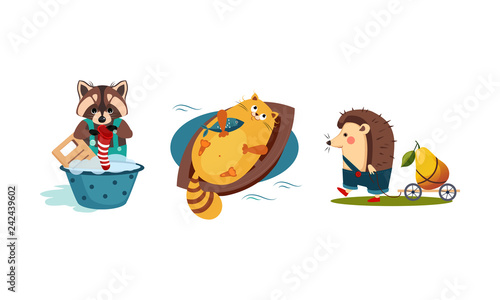 Cute funny animals characters in different actions, raccoon washing clothes in a basin, cat catching a fish in the boat, hedgehog carrying the cart with pear vector Illustration