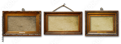 Set of three vintage golden baroque wooden frames on isolated background