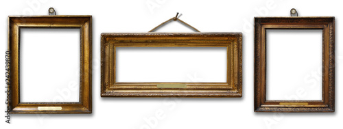 Set of three vintage golden baroque wooden frames on isolated background