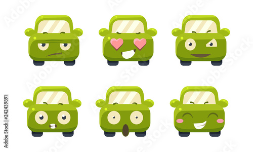 Car emoticons set, cute green car cartoon characters showing different emotions vector Illustration