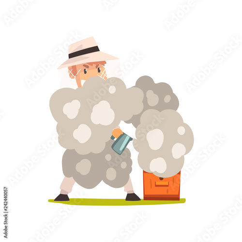 Beekeeper man with smoker smoking hive, apiculture and beekeeping concept vector Illustration