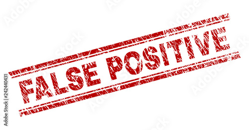 FALSE POSITIVE seal print with grunge texture. Red vector rubber print of FALSE POSITIVE text with corroded texture. Text label is placed between double parallel lines.