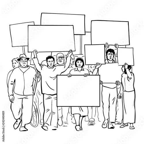 Protesting people with blank signs. Crowd with empty banners. Mass demonstration of protest. Hand drawn sketch vector illustration isolated on white background.