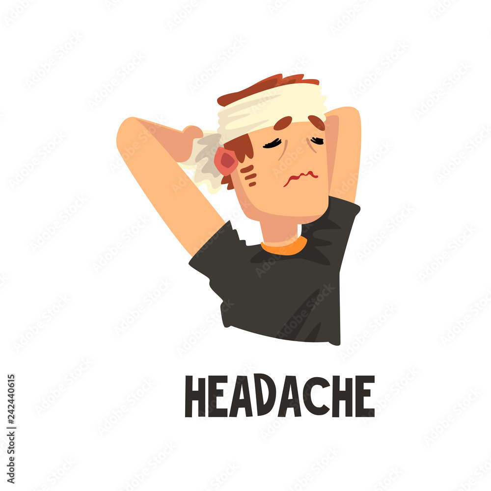 Man with a bandaged head suffering from headache, migraine, health problems, sick unhappy man character vector Illustration Man with a bandaged head suffering from headache, migraine, health problems, sick unhappy man character vector Illustration