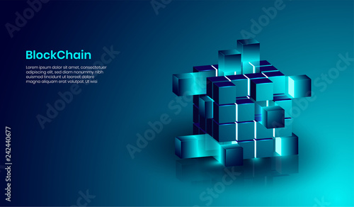Isometric blockchain and cryptocurrency technology concept, realistic shape of blockchain connected together. vector photo