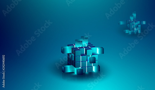 Cryptocurrency 3D isometric concept, Blockchain concept banner, realistic shape of blockchain connected together. vector