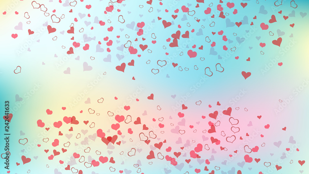 Part of the design of wallpaper, textiles, packaging, printing, holiday invitation for wedding. Red on Gradient background Vector. Romantic background. Red hearts of confetti are flying.