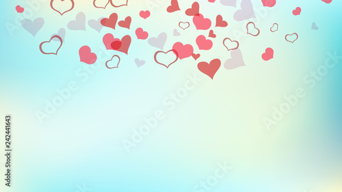 The idea of wallpaper design, textiles, packaging, printing, holiday invitation for Valentine's Day. Spring background. Red on Gradient fond Vector. Red hearts of confetti are flying.
