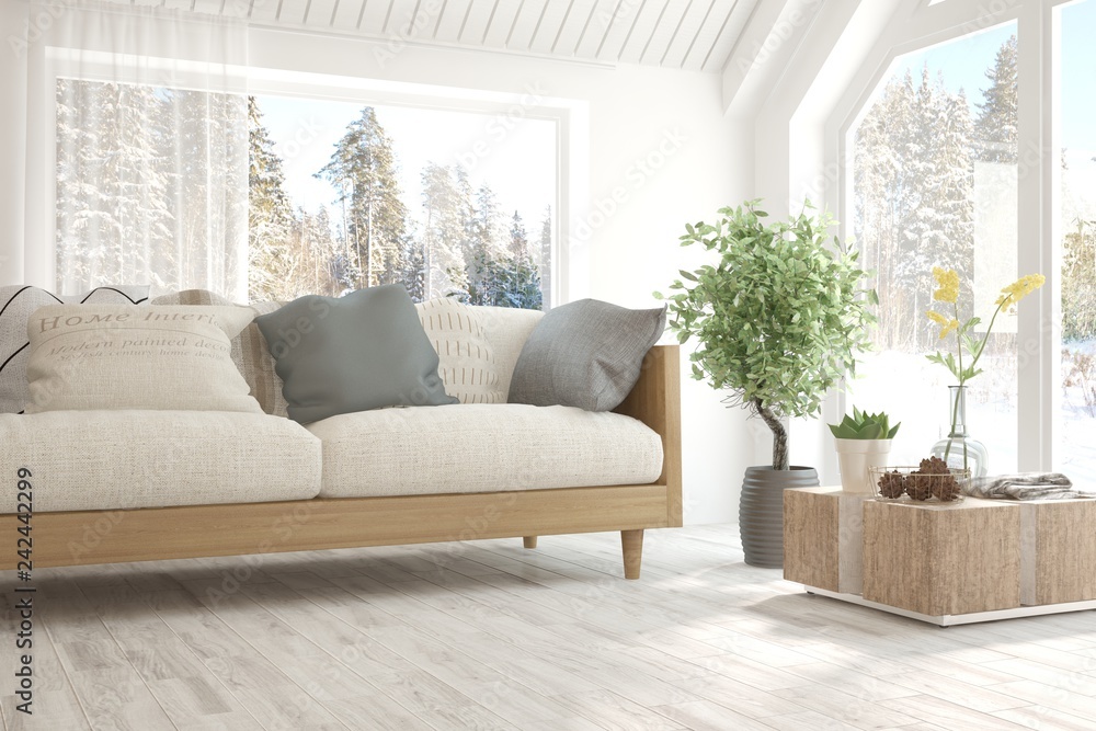 Fototapeta premium White room with sofa and winter landscape in window. Scandinavian interior design. 3D illustration