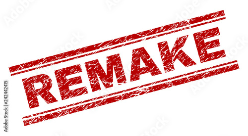 REMAKE seal print with corroded effect. Red vector rubber print of REMAKE title with corroded texture. Text title is placed between double parallel lines.