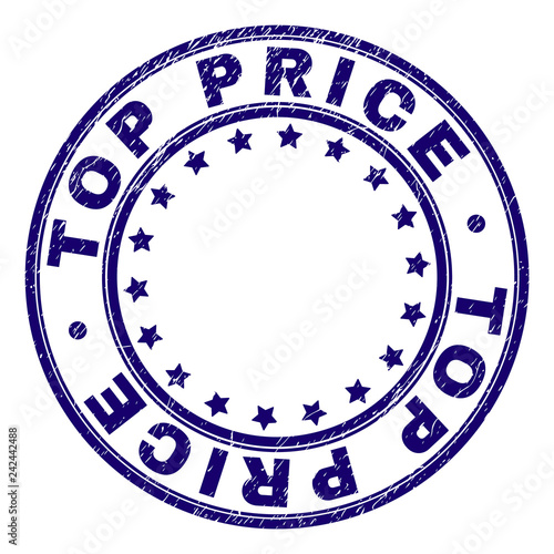 TOP PRICE stamp seal watermark with grunge texture. Designed with round shapes and stars. Blue vector rubber print of TOP PRICE tag with grunge texture.