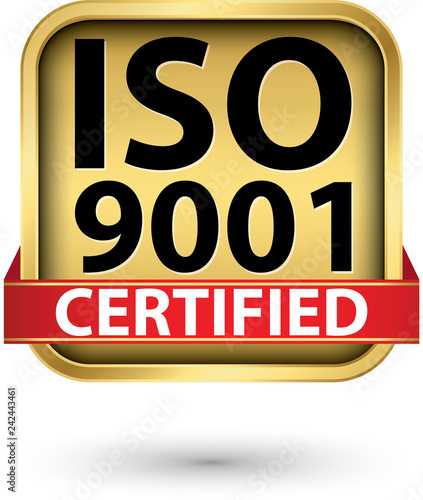 ISO 9001 certified golden label, vector illustration