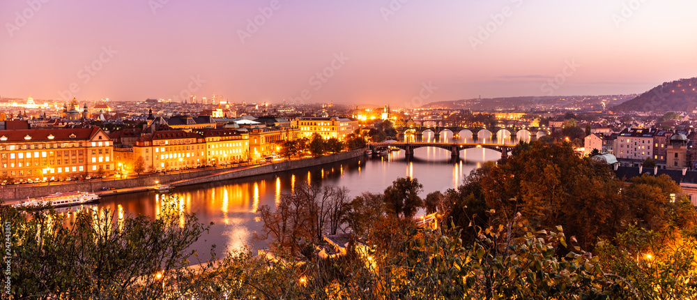 Prague bridges over Vltava River in the evening, Praha, Czech Republic.