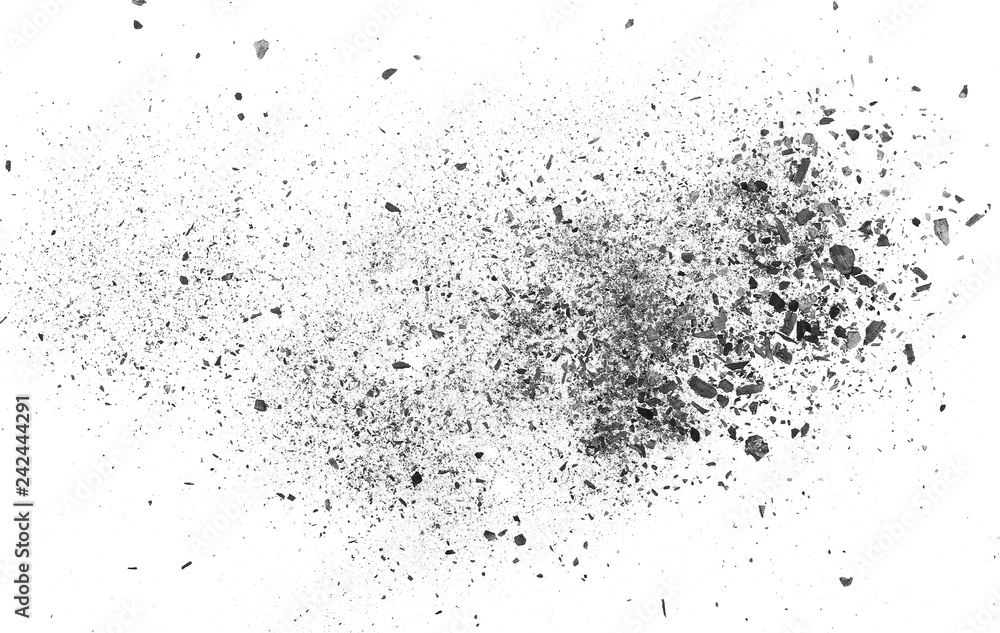 Black charcoal dust, gunpowder explosion texture isolated on white background, top view