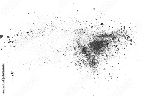 Black charcoal dust, gunpowder explosion texture isolated on white background, top view