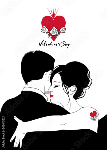 Valentine's Day. Couple dancing romantic music. Girl embraced man with heart tattoo on his shoulder