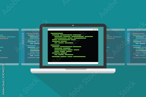 command line interface cli programming language concept with laptop and code programming - vector illustration photo