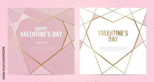 Valentines Day poster Luxury template with gold frame. Invitation template. Geometric shape.