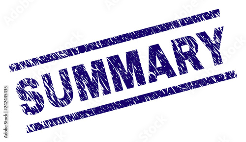 SUMMARY seal print with distress style. Blue vector rubber print of SUMMARY caption with unclean texture. Text caption is placed between parallel lines.