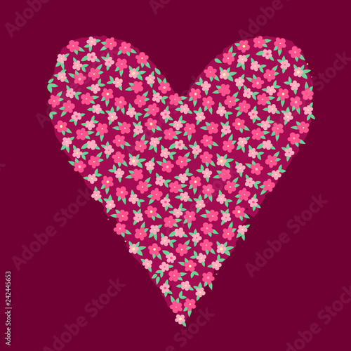 Crimson red and pink cute small flowers in a shape of heart, valentine day card template, vector