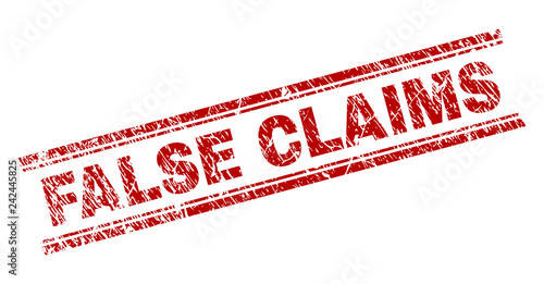 FALSE CLAIMS seal print with grunge effect. Red vector rubber print of FALSE CLAIMS label with scratched texture. Text label is placed between double parallel lines.
